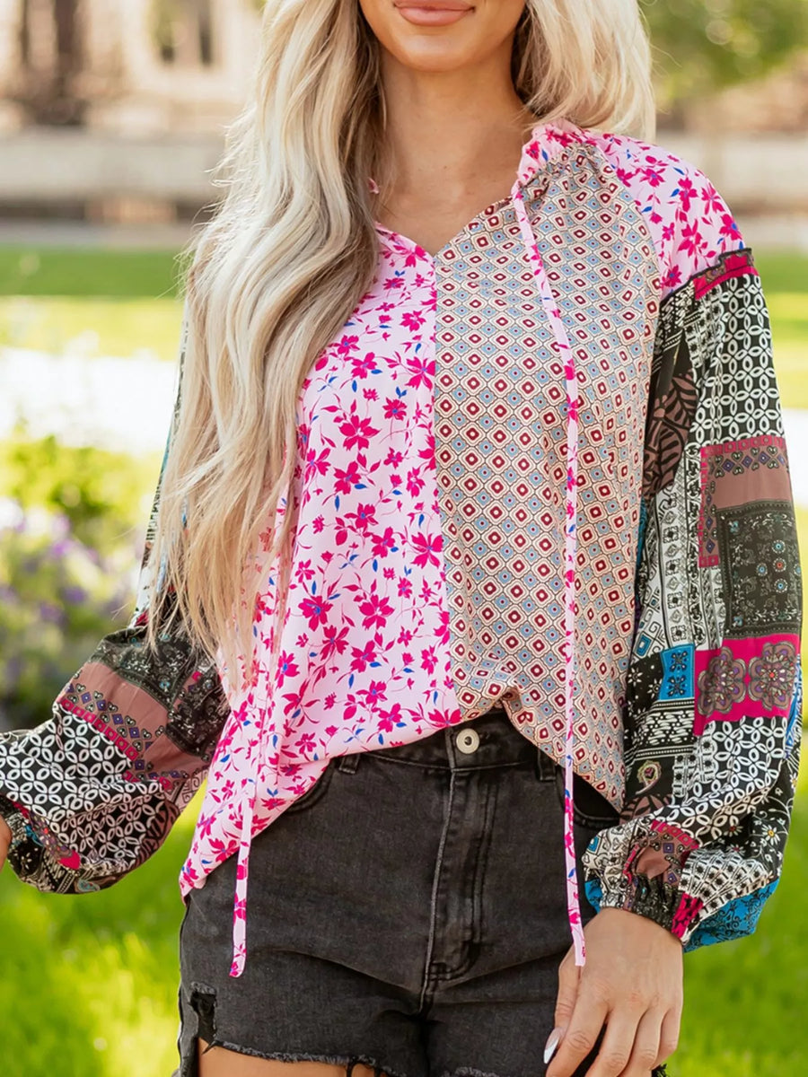 Boho floral patchwork blouse in fuchsia pink with drop shoulders and tie neck.