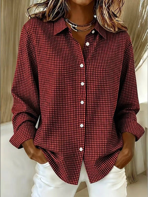 Deep Red Plus Size Plaid Button Up Long Sleeve Shirt