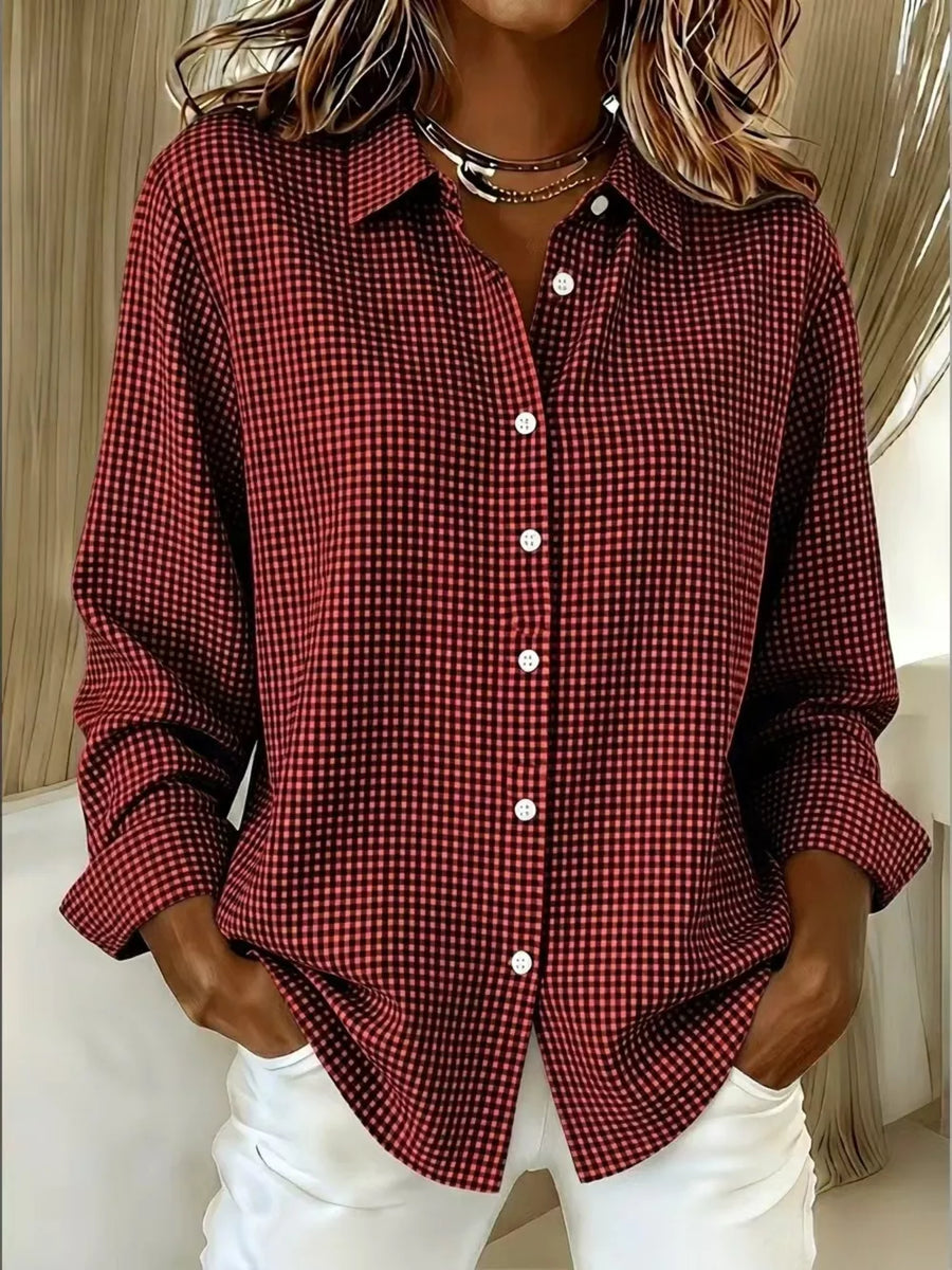 Deep Red Plus Size Plaid Button Up Long Sleeve Shirt