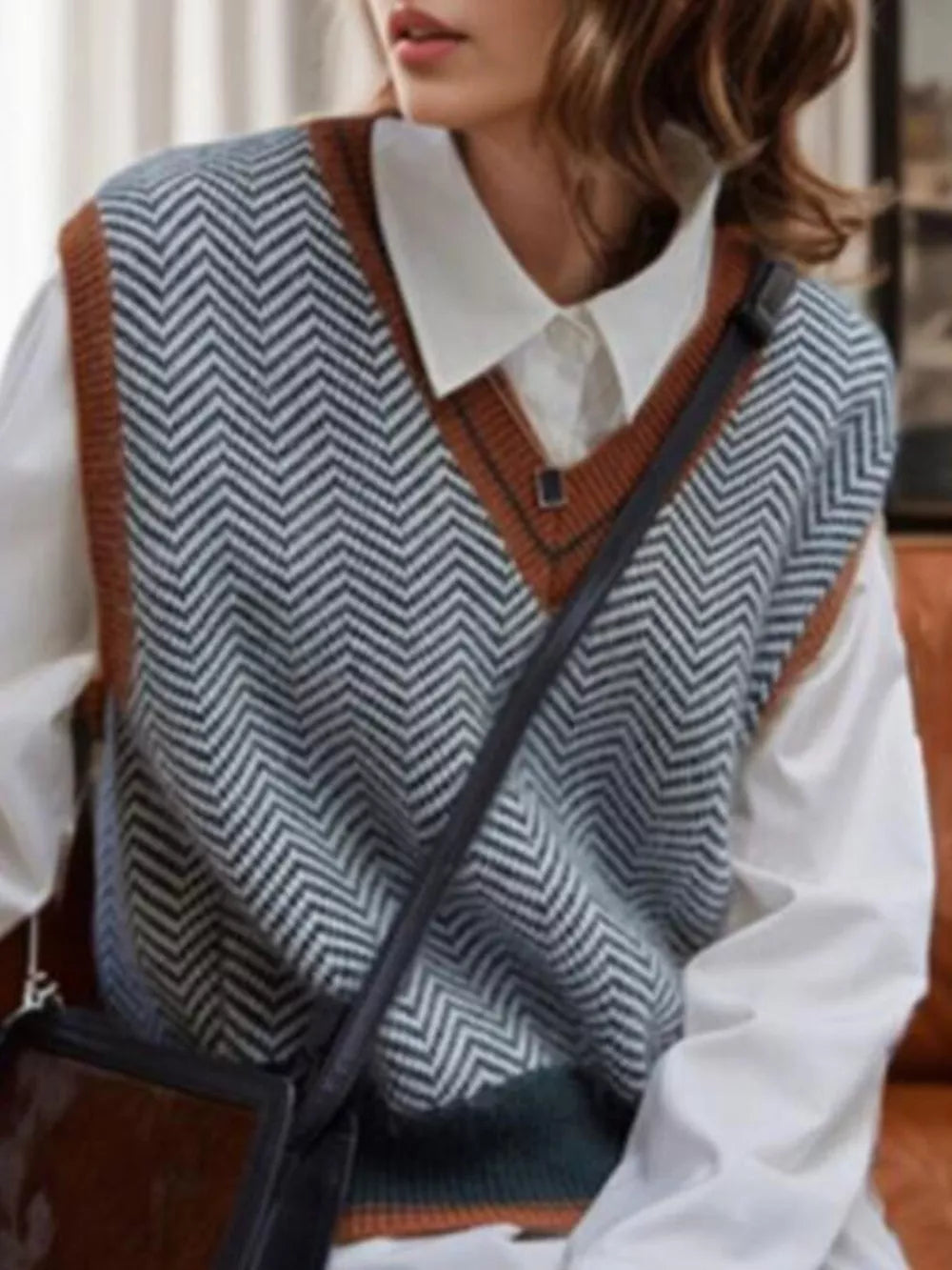 rust sweater vest featuring stretchy and chevron