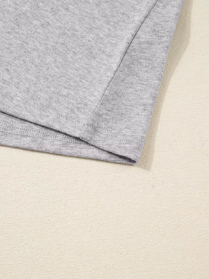 Gray ribbed knit long-sleeve top with lace detail at the neckline.
