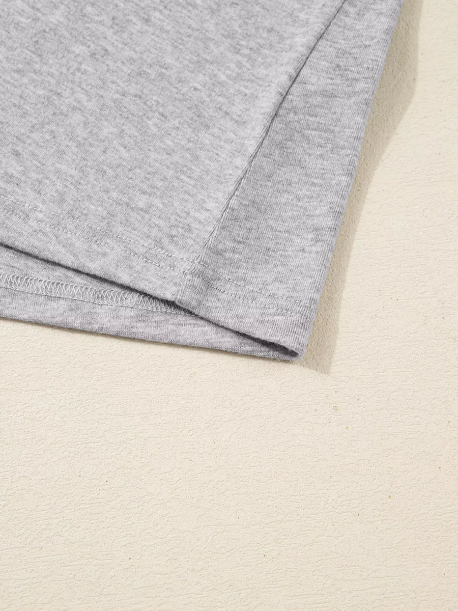 Gray ribbed knit long-sleeve top with lace detail at the neckline.