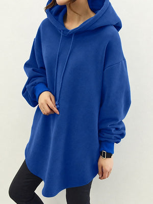 pullover hoodie in Gray with drawstring and tunic-length