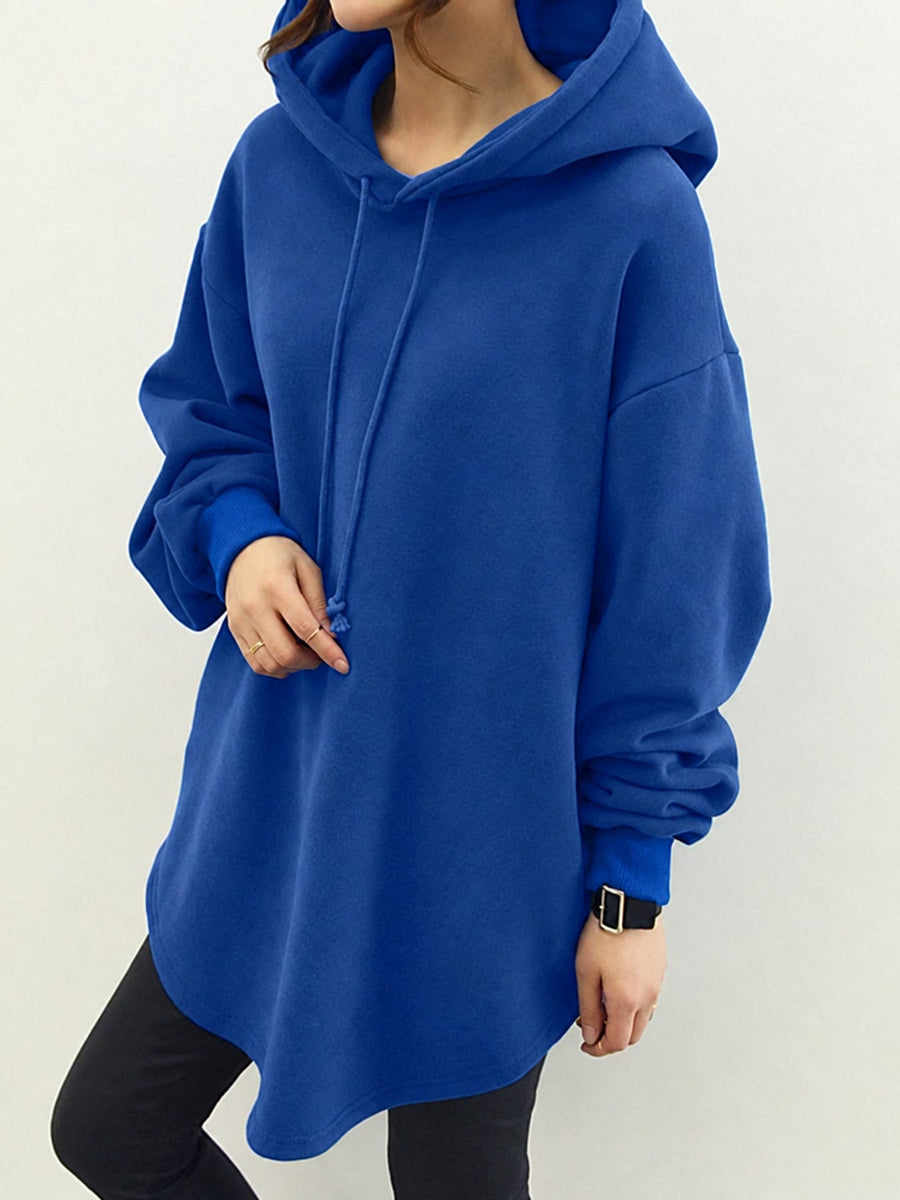 pullover hoodie in Gray with drawstring and tunic-length