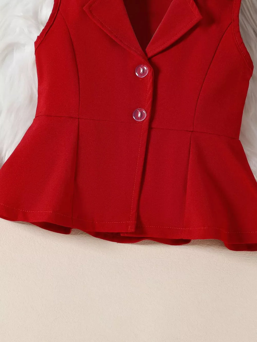 Wine red sleeveless blazer with peplum detail and two clear buttons.