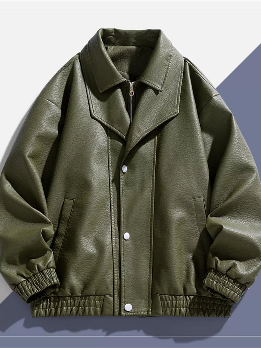 Green faux leather bomber jacket with zip front, button closure, and elastic cuffs.