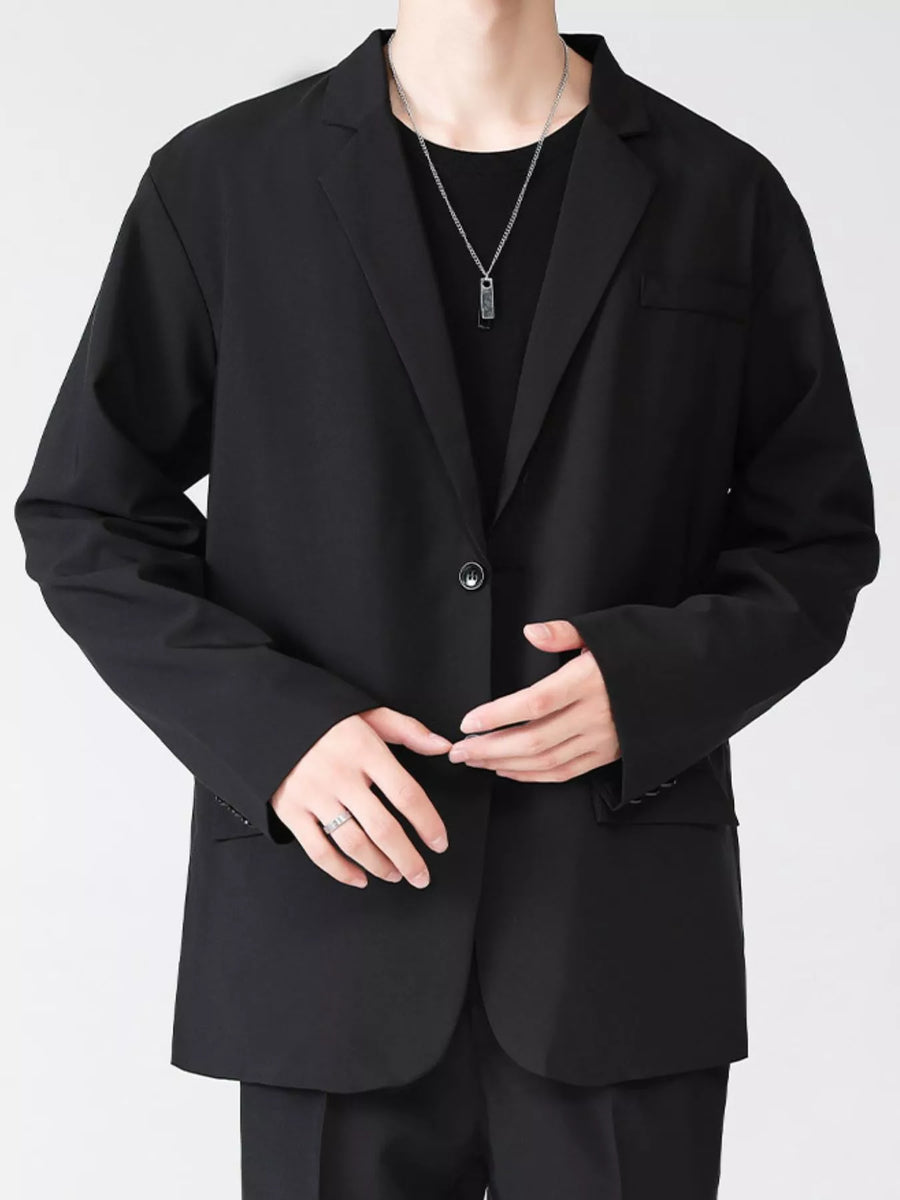 Men's black lapel collar button-up blazer with a single button closure.