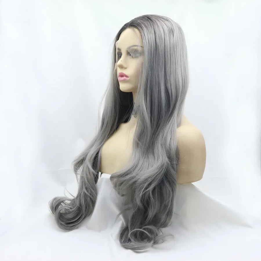 Smokey ombre grey lace front wig with long, wavy hair styled on a mannequin.