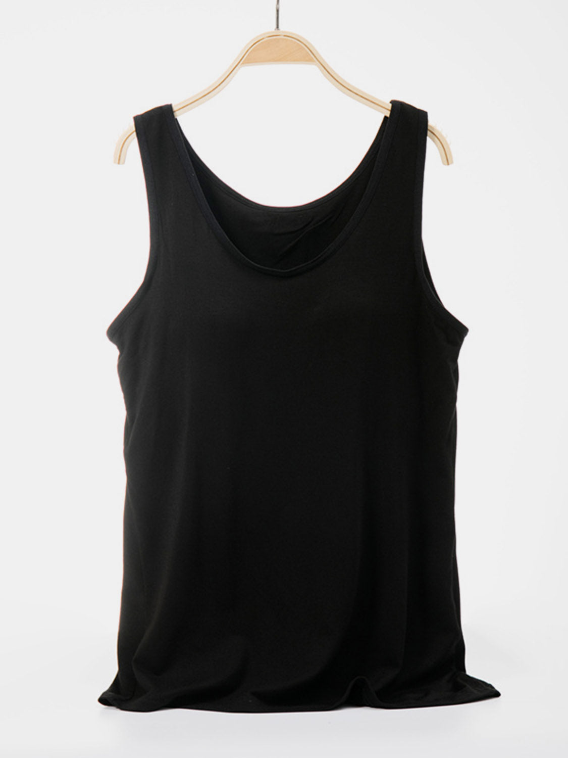 Black scoop neck tank top with a relaxed fit and curved hem.