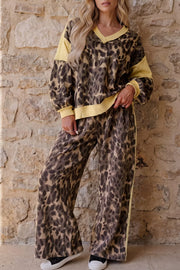 Coffee Brown Leopard Print Long Sleeve V-neck Top & Pant Set