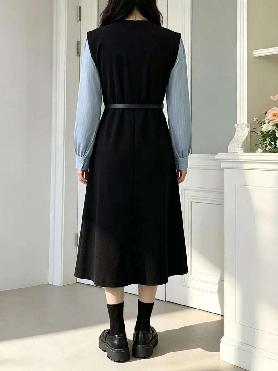 Contrast Sleeve A-line Dress With Belt option 5