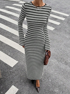 white maxi dress featuring backless and striped