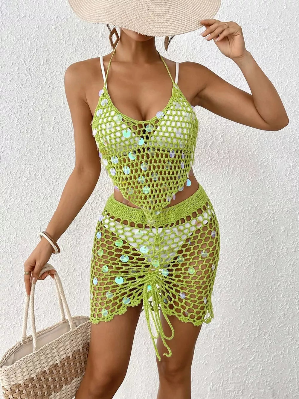 Lime crochet cover up set with iridescent sequins and drawstring skirt.