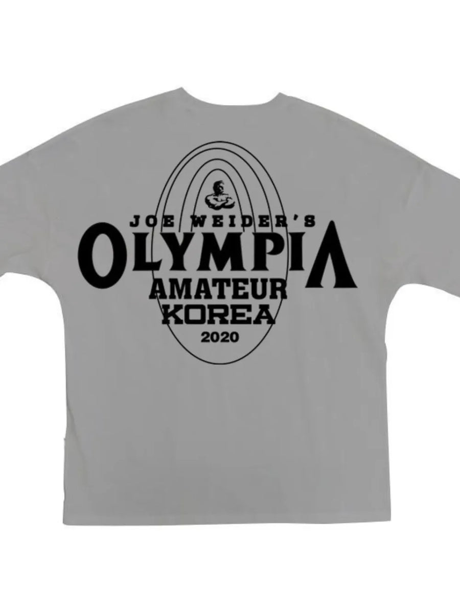 Gray oversized graphic tee with Olympia Amateur Korea 2020 print