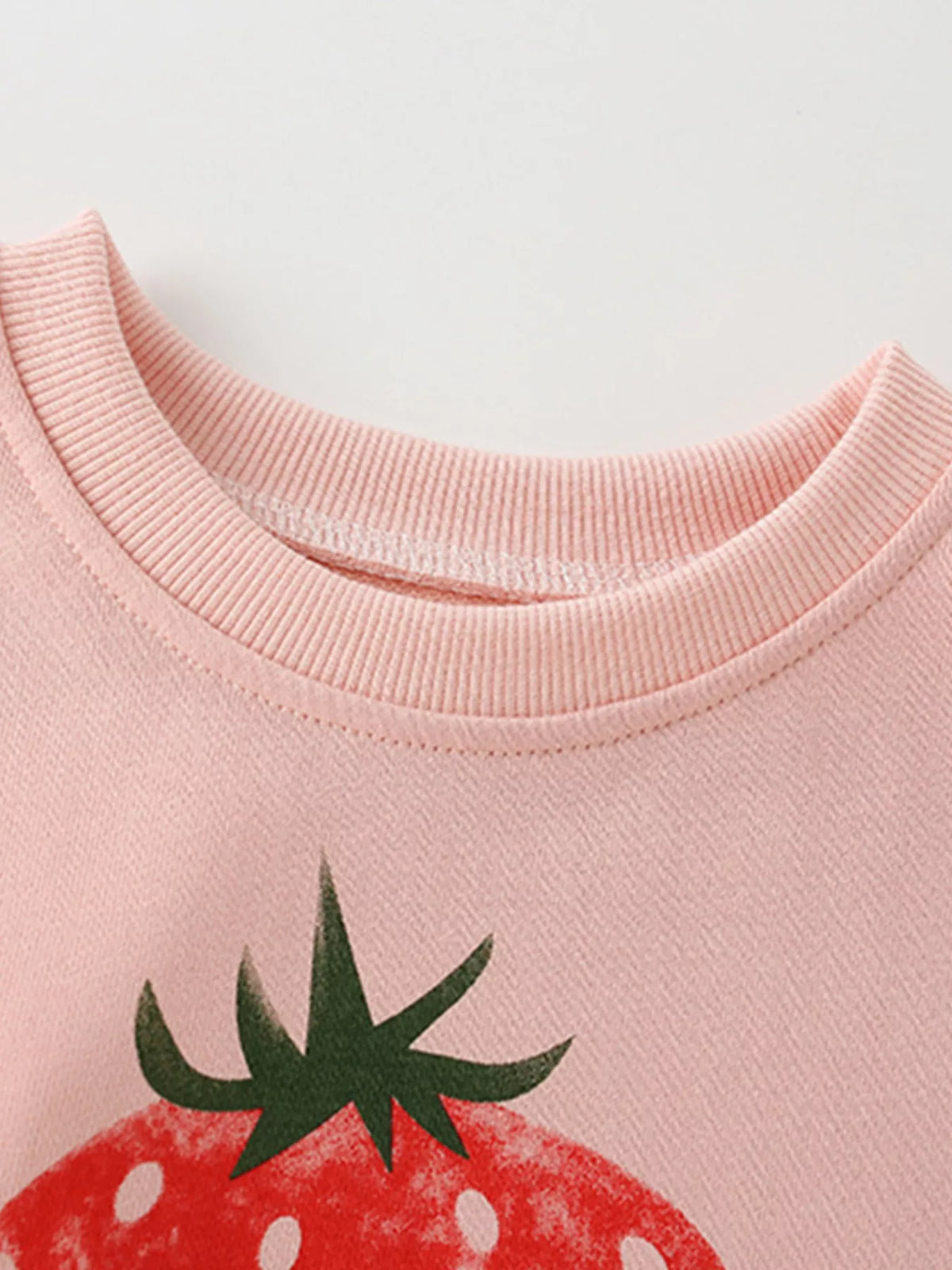Kids' watermelon pink cotton sweatshirt with strawberry graphic and ribbed crew neck.