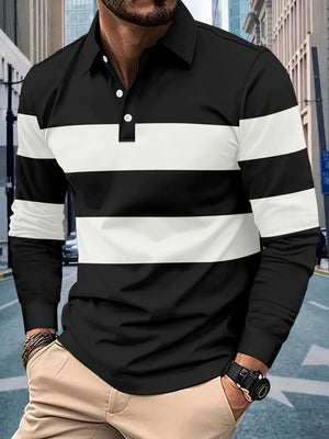 Men's black and white horizontal stripe long sleeve polo shirt with a collar and button placket.