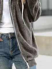 Cozy fleece zip-up hooded jacket in dark gray with white drawstring and zipper detail.
