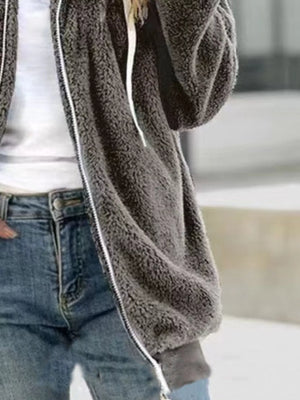 Cozy fleece zip-up hooded jacket in dark gray with white drawstring and zipper detail.