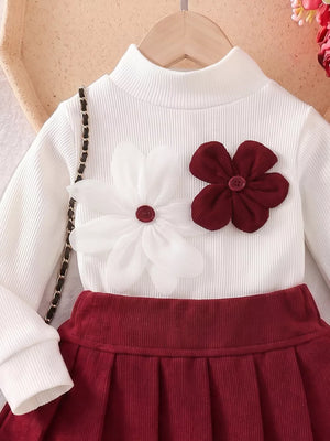 White Children's Floral Applique Mock Neck Top And Pleated Skirt Set