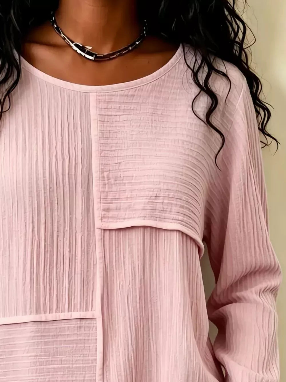 Textured Patchwork Long Sleeve Casual T-shirt in White with seam detail