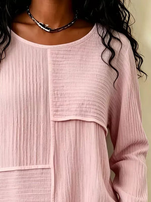Textured Patchwork Long Sleeve Casual T-shirt in White with seam detail