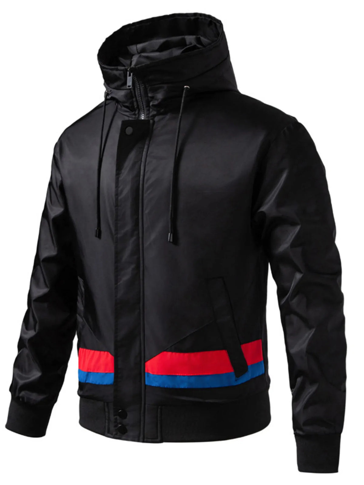 Black hooded windbreaker jacket for men with red and blue stripe detail on hem