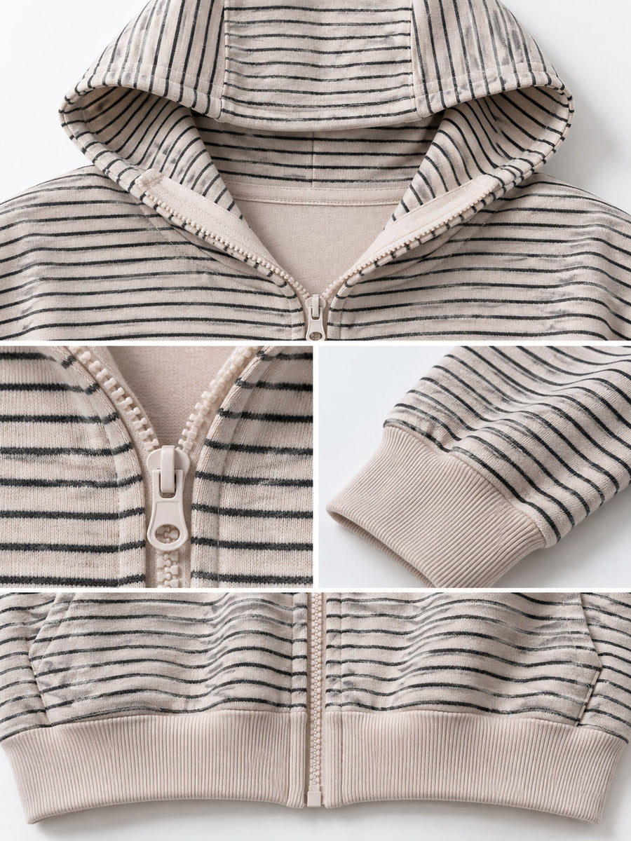 zip hoodie in charcoal with striped and zipper