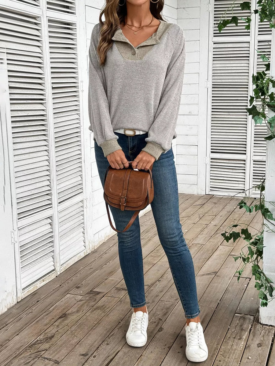 Chic ribbed two-tone maternity shirt with button detail and contrast collar and cuffs.