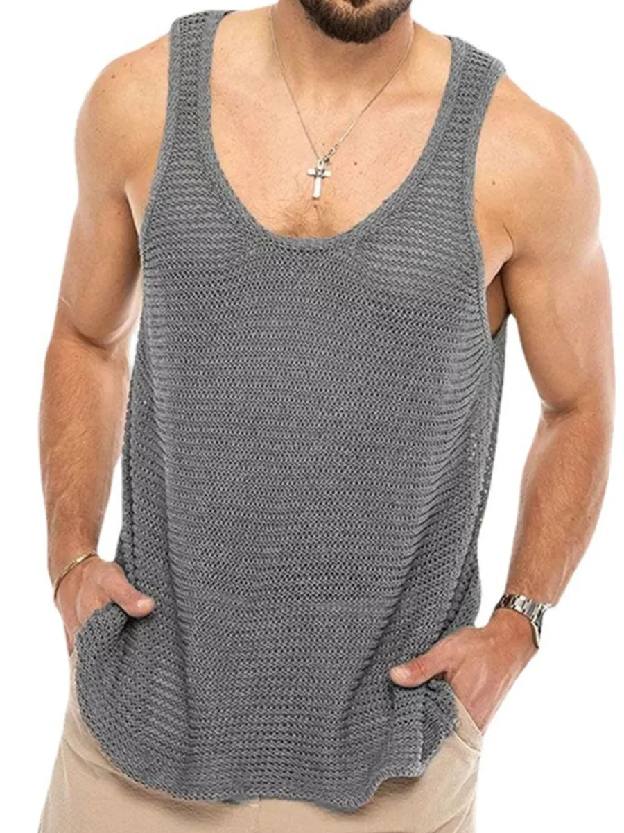 Gray open-knit scoop neck tank top with pockets.