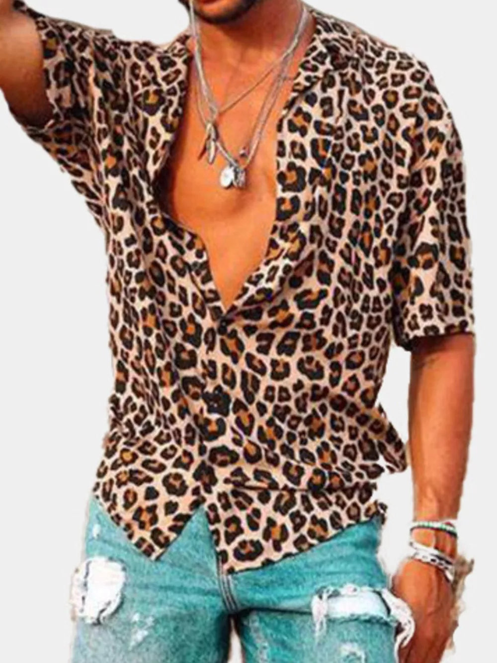 Leopard Men's Full Size Leopard Print Short Sleeve Shirt