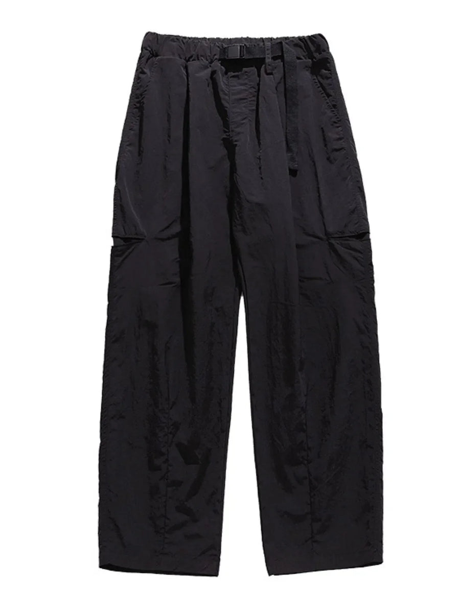 Black technical fabric cargo pants with belt and elastic waist