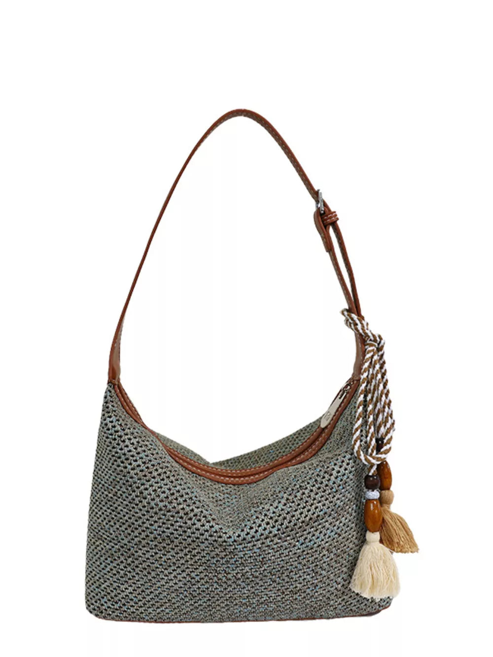 Woven Small Shoulder Bag With Tassel in Khaki