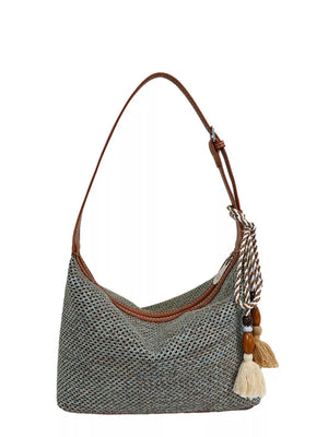 Woven Small Shoulder Bag With Tassel in Khaki