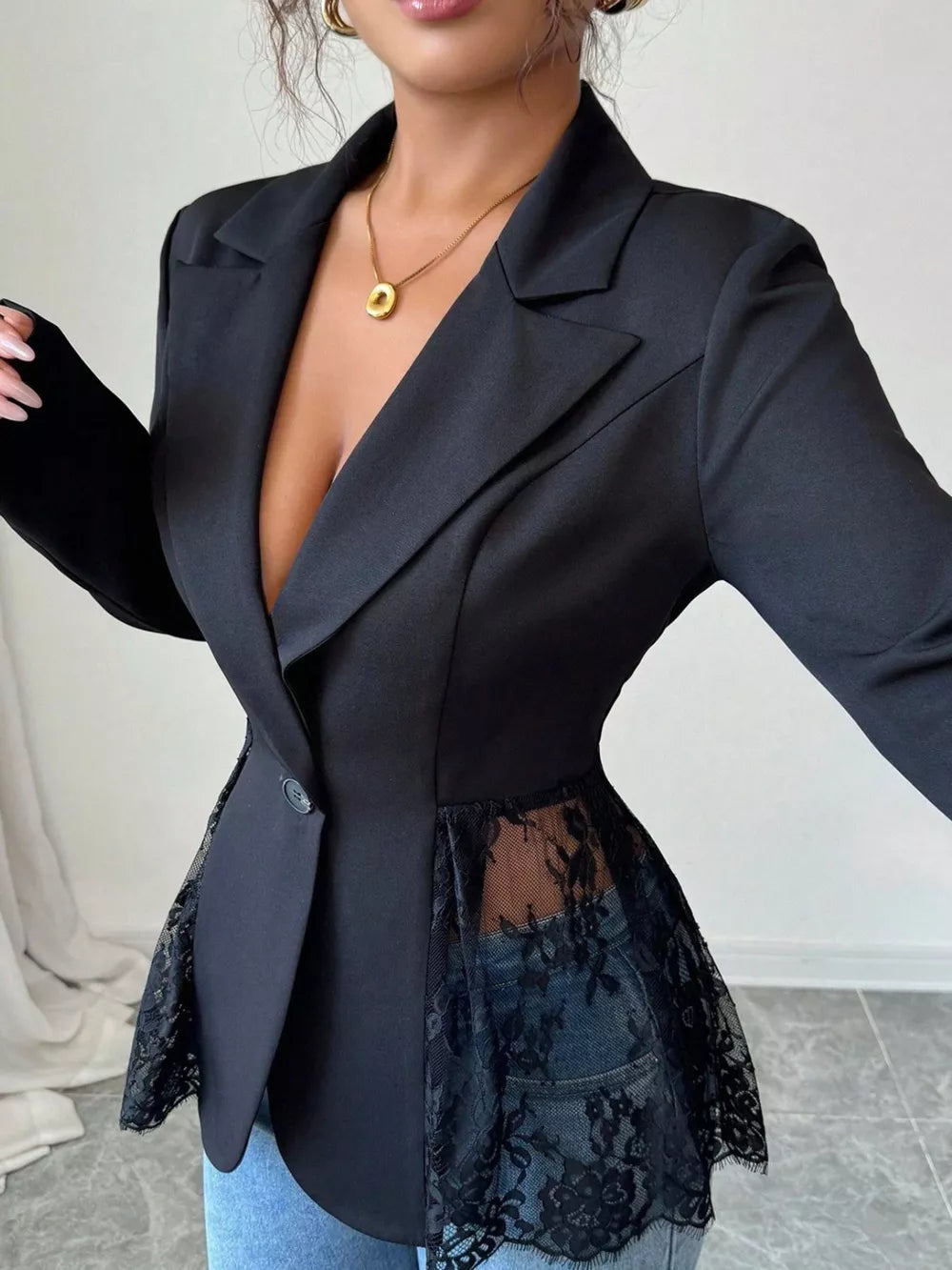 black blazer with hip-length and button-front