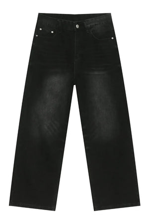 Faded black denim palazzo jeans with a wide leg and casual style.