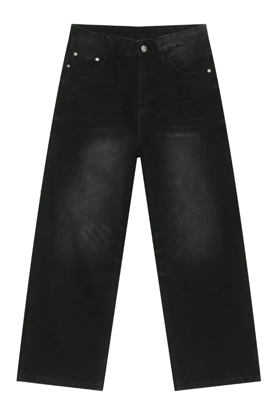 Faded black denim palazzo jeans with a wide leg and casual style.