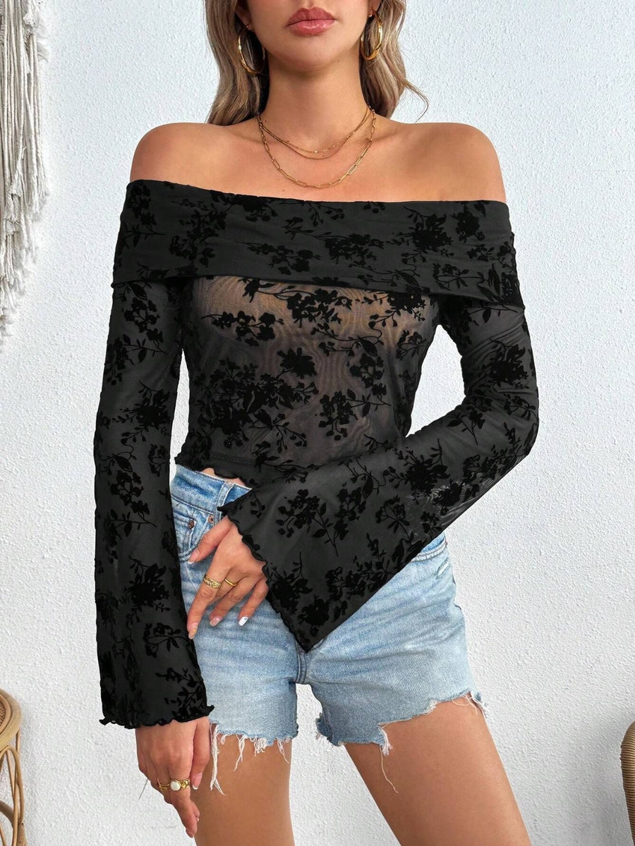 Black velvet floral off-shoulder blouse with bell sleeves