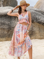 Paisley ruffle crop top and midi skirt set in blush pink with a V-neck and tiered hem.