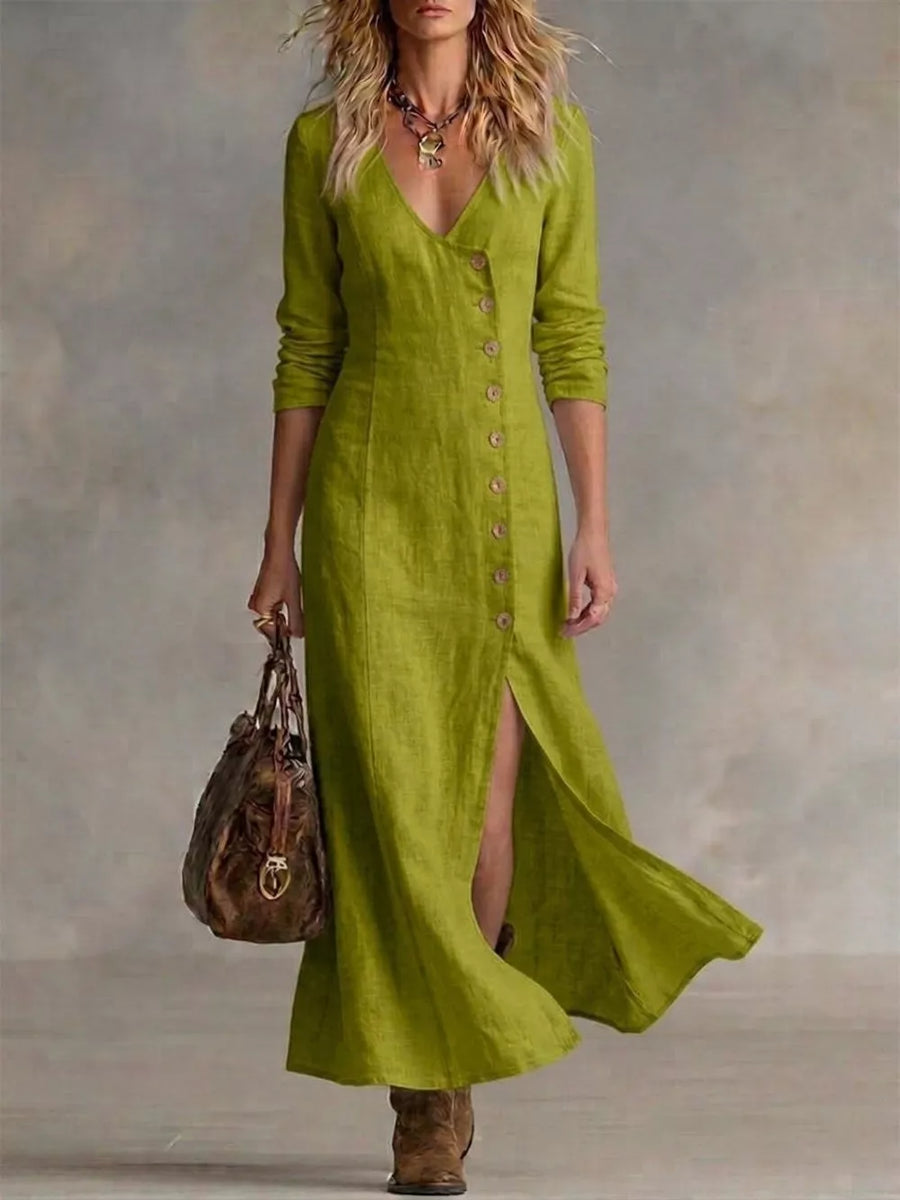 Yellow-green V-neck buttoned maxi dress with a high slit and long sleeves.