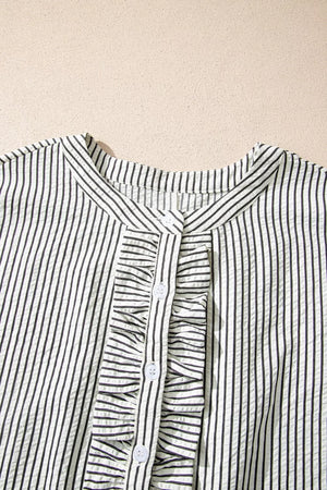 Black and white striped maternity swim dress with ruffle placket and buttons.