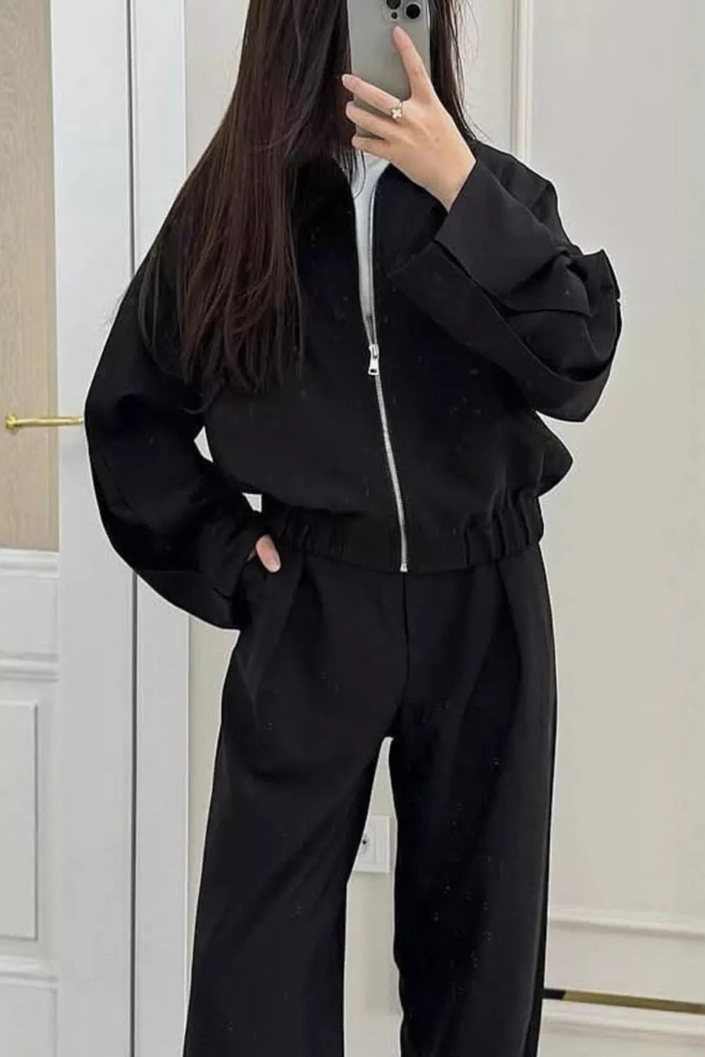 mocha brown matching set with zip-up jacket and long sleeve