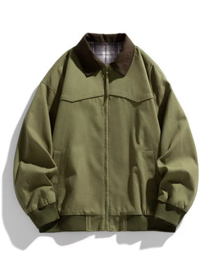 Oversized olive green zip-up jacket with brown collar and plaid lining.