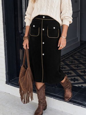 Corduroy Midi Skirt in black with buttoned