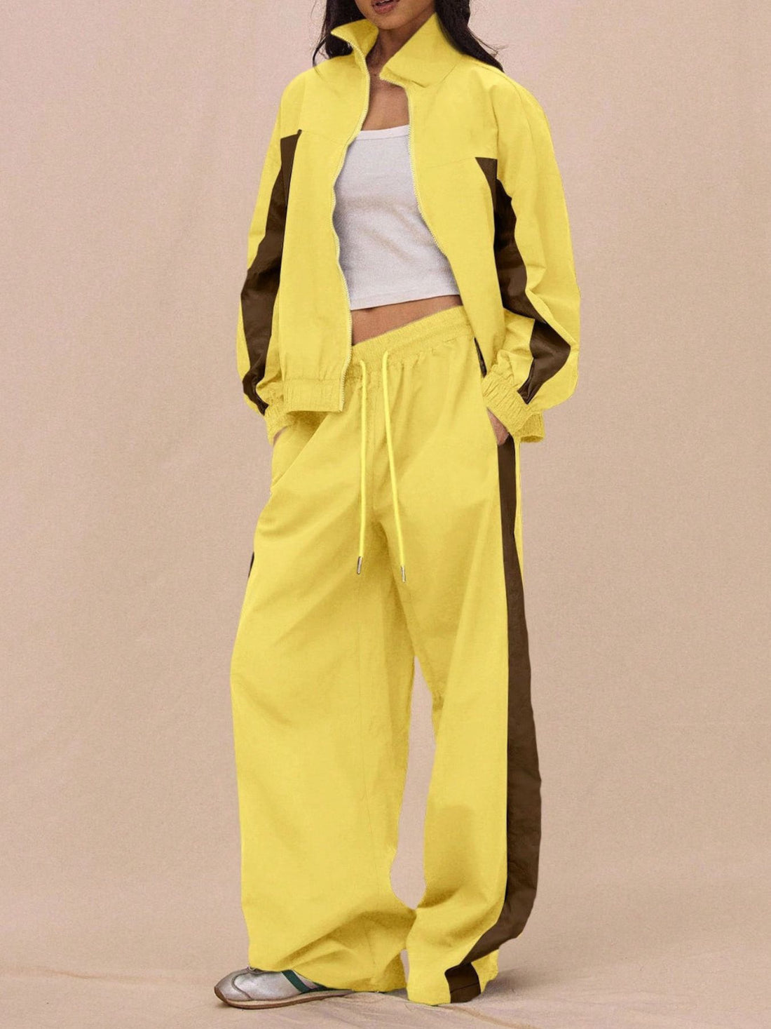 Color-Block Tracksuit And Wide-Leg Pants Set in Camel with drawstring waist