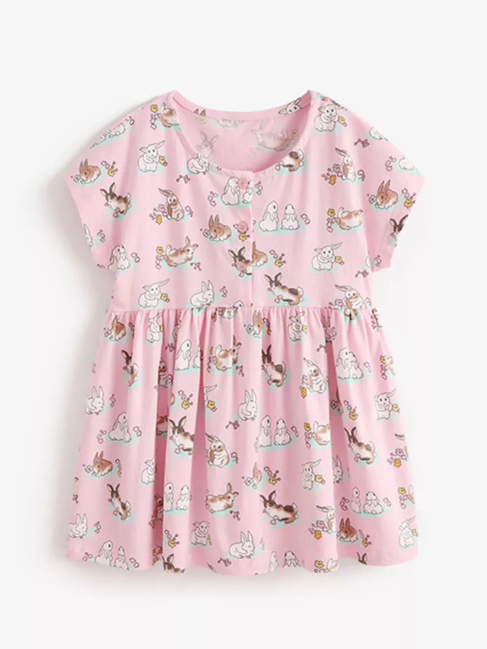Pink cotton baby dress with allover bunny print and button front.