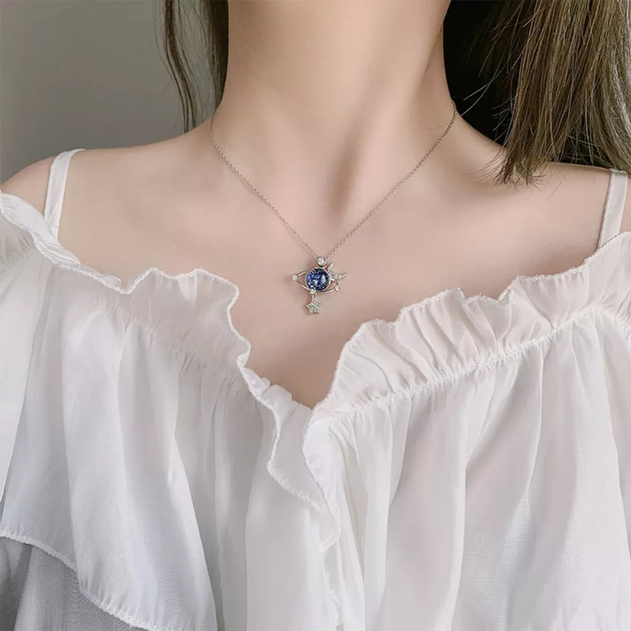 necklace featuring celestial motif in navy blue with 925 sterling silver,Zircon Care instructions: Avoid wearing during