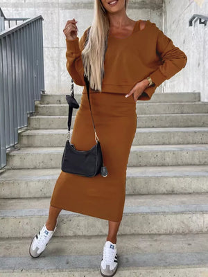two-piece set in rust featuring stretchy and relaxed fit