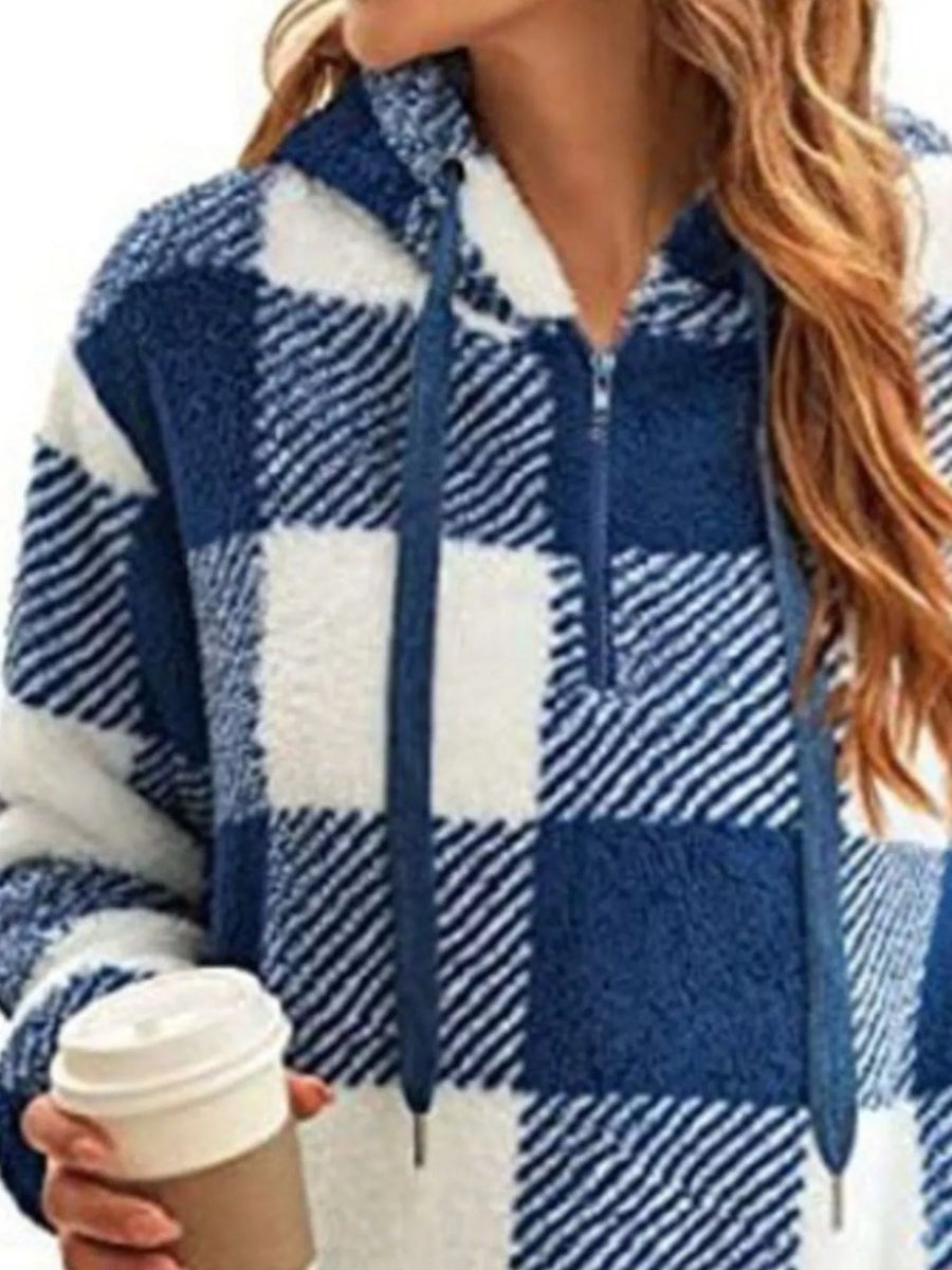Blue and white plaid sherpa hoodie with drawstring and quarter zip