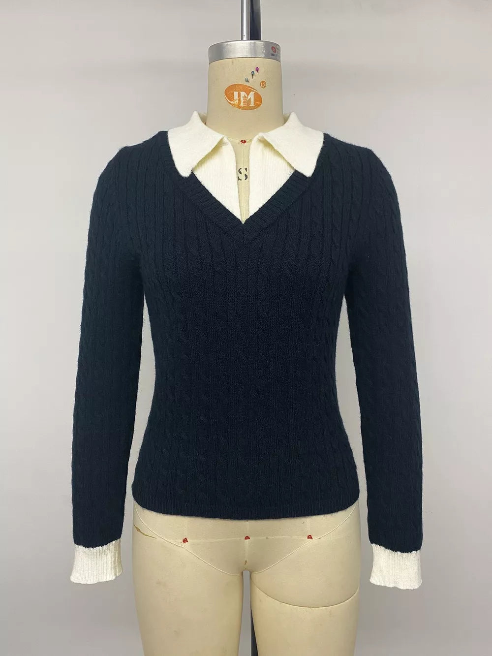 navy blue fitted pullover sweater with v-neck