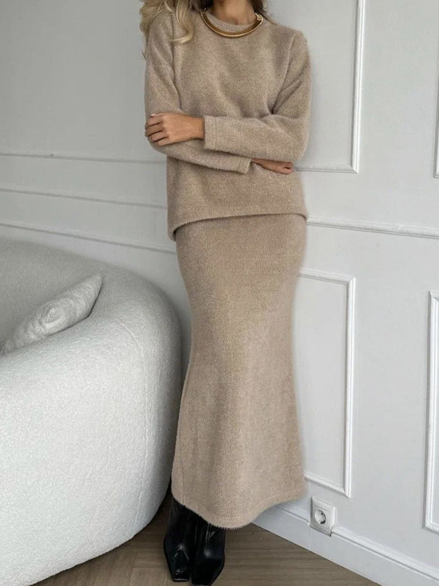 Tan textured knit co-ord set with relaxed silhouette sweater and maxi skirt.